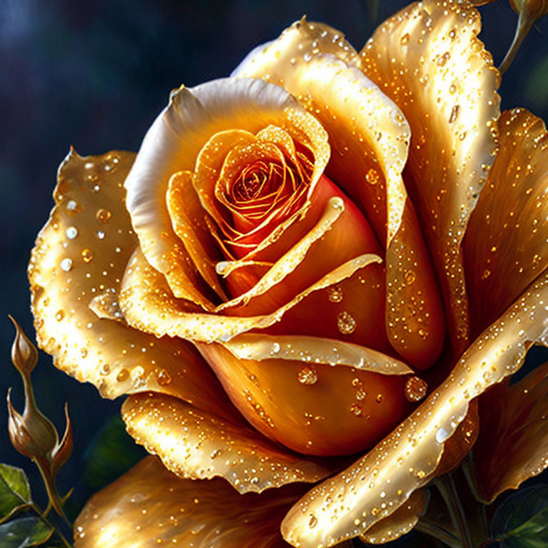 Detailed Golden Rose with Dewdrops: Yellow to Orange Gradient