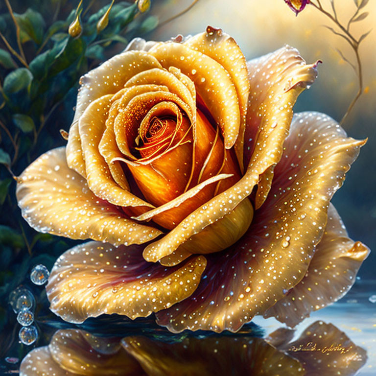 Yellow Rose with Water Droplets on Petals Against Dewy Background