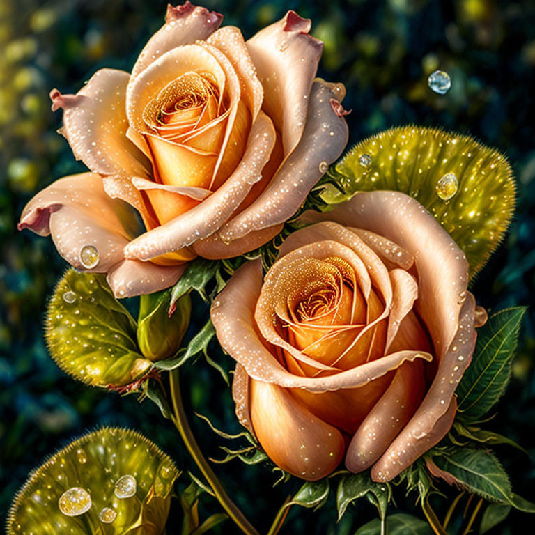 Dew-covered peach-colored roses with green foliage