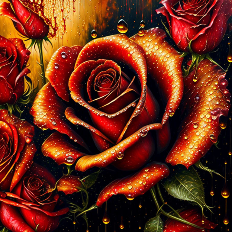 Close-up of dew-covered red roses on dark textured background