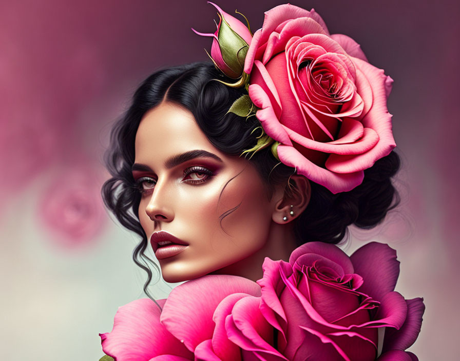 Portrait of woman with dark hair and makeup and pink roses on soft pink background