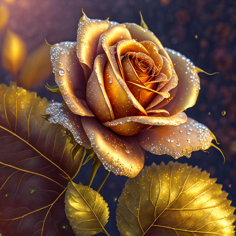 Golden rose with dewdrops and leaves on dark background with bokeh.