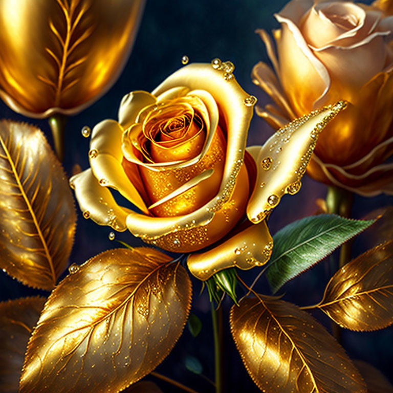 Gold Rose with Dew Drops on Dark Background