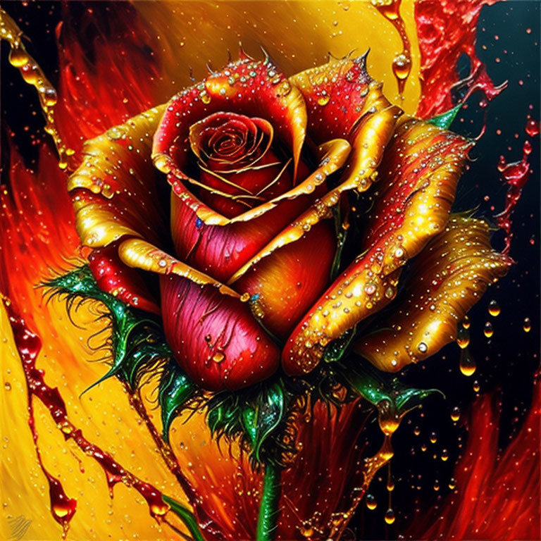 Colorful Digital Artwork: Rose with Droplets on Petals, Fiery Background