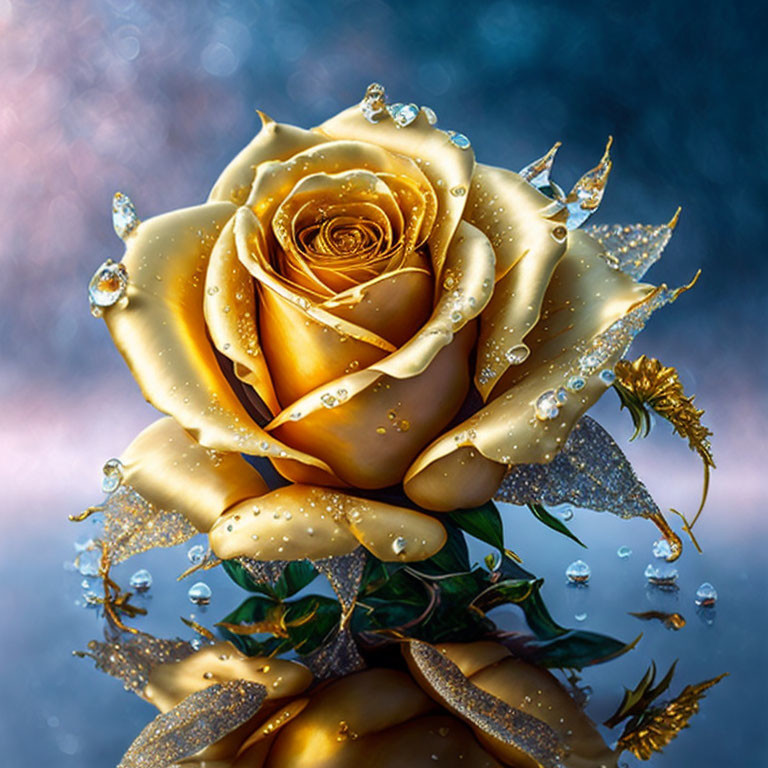 Shimmering golden rose with water droplets on petals on blurred blue backdrop