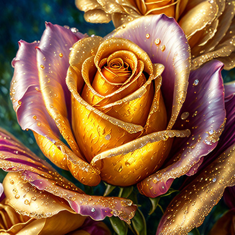 Golden Roses Digital Painting with Dewdrops and Textured Background