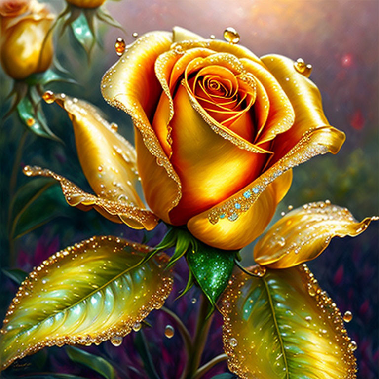 Digital artwork of vibrant yellow rose with dewdrops and sparkle