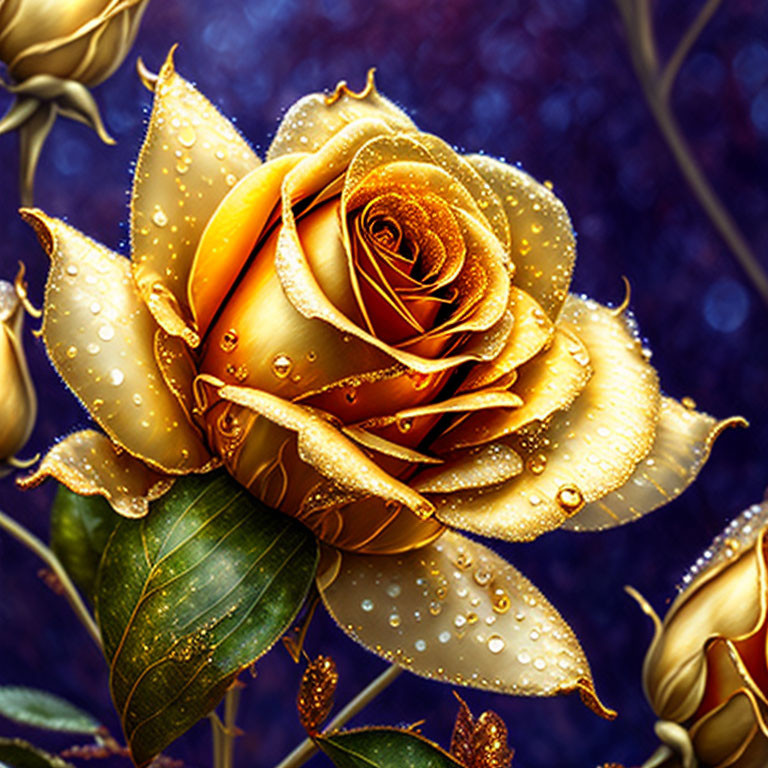 Golden Rose with Dewdrops on Blue Starry Background and More Roses