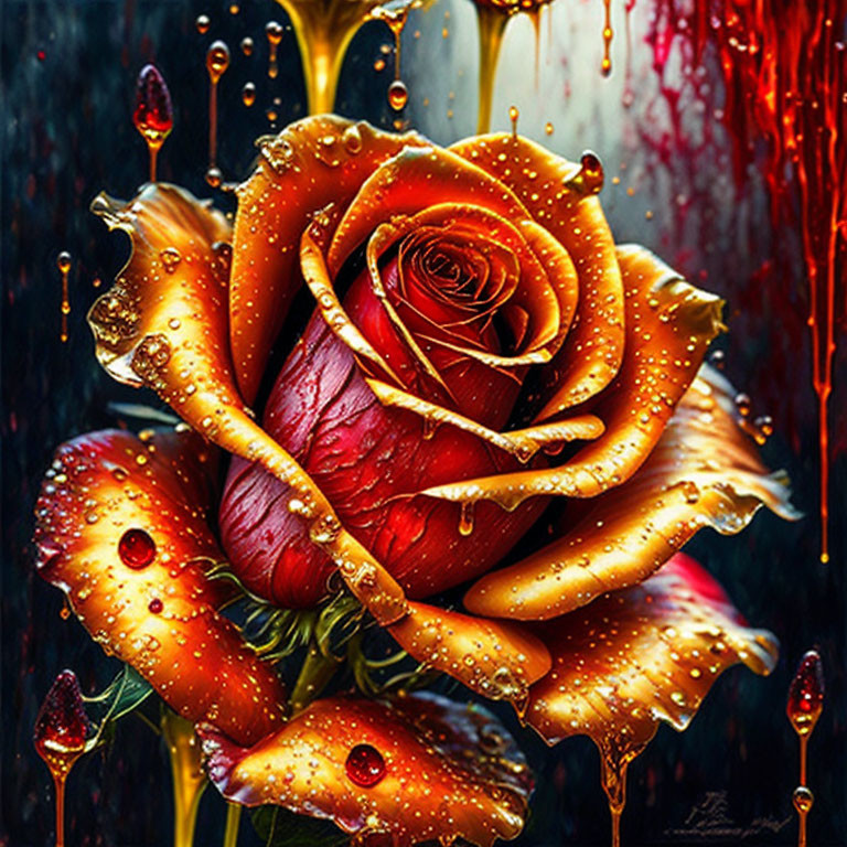 Vibrant rose with droplets on petals against dark, rainy backdrop