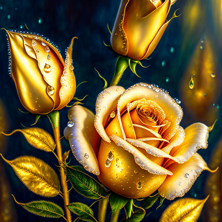 Golden Roses with Dewdrops on Dark Mystic Background