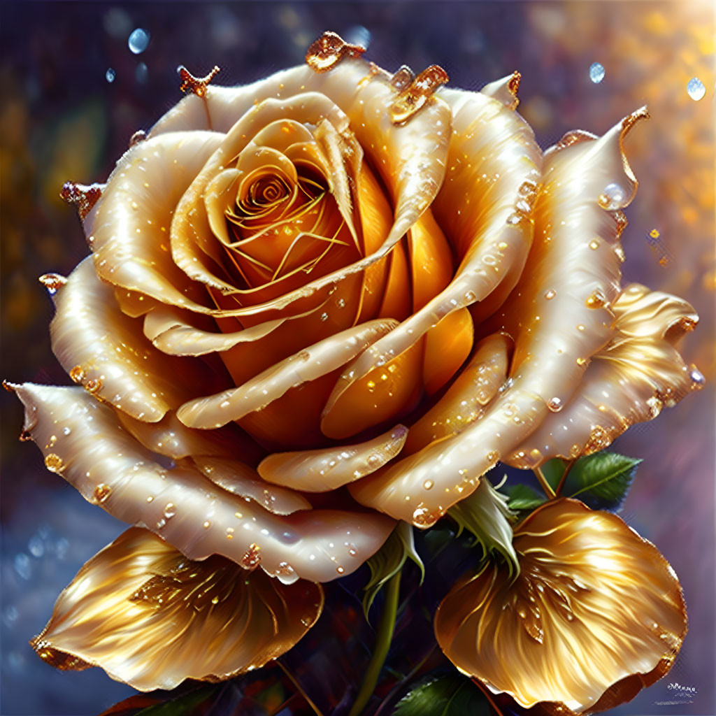 Gold-colored rose with glittering edges and water droplets on bokeh background