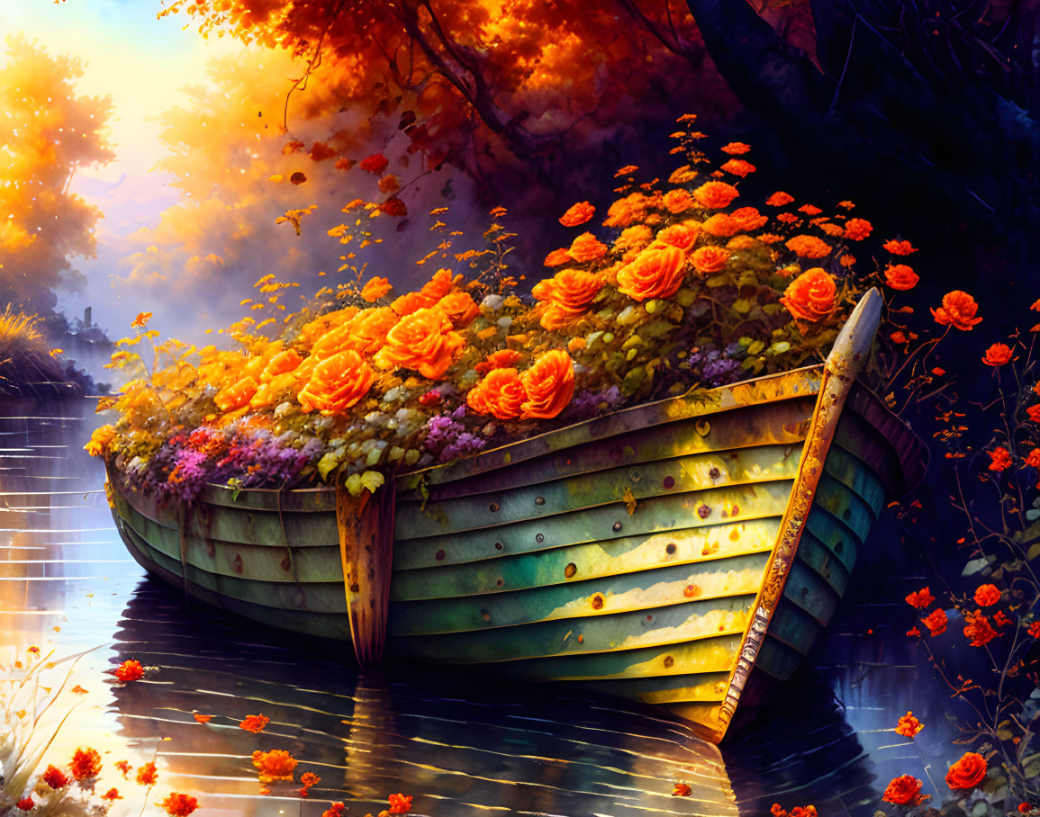 Wooden boat filled with orange flowers on calm river by autumn trees