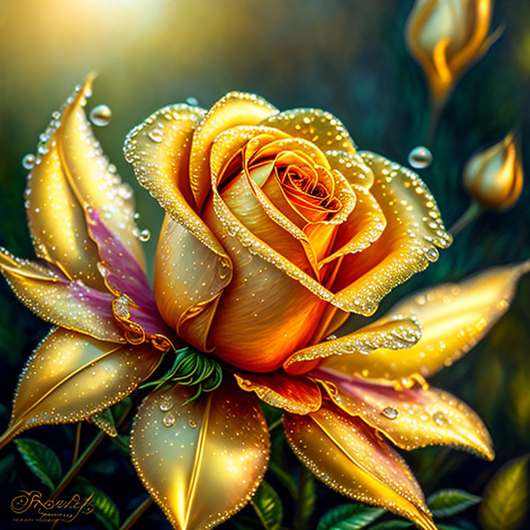 Vibrant yellow rose with water droplets in a digital artwork