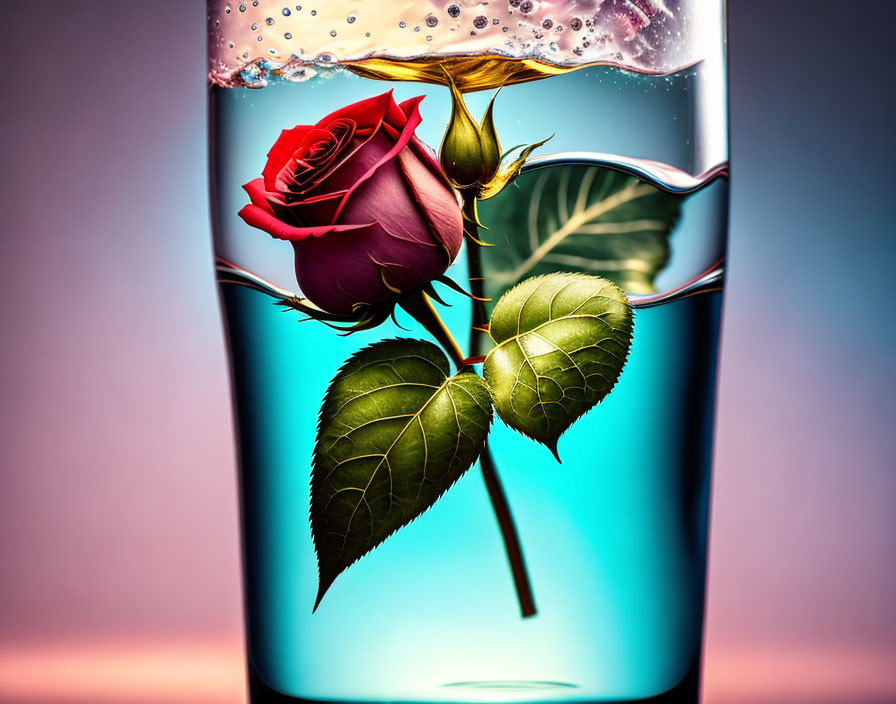 Red Rose with Green Leaves in Glass of Water on Pink and Blue Background