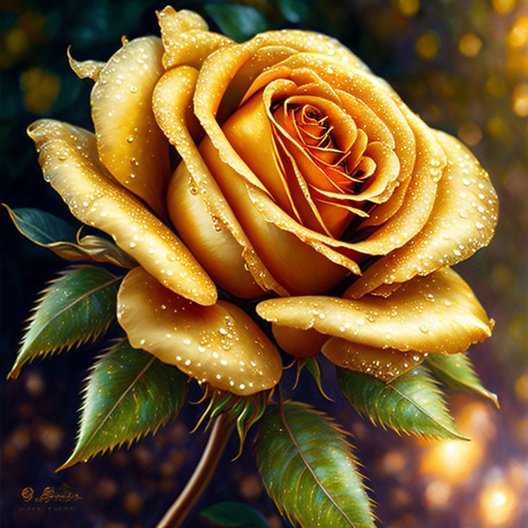 Vibrant Yellow Rose with Dewdrops on Petals Against Dark Bokeh Background