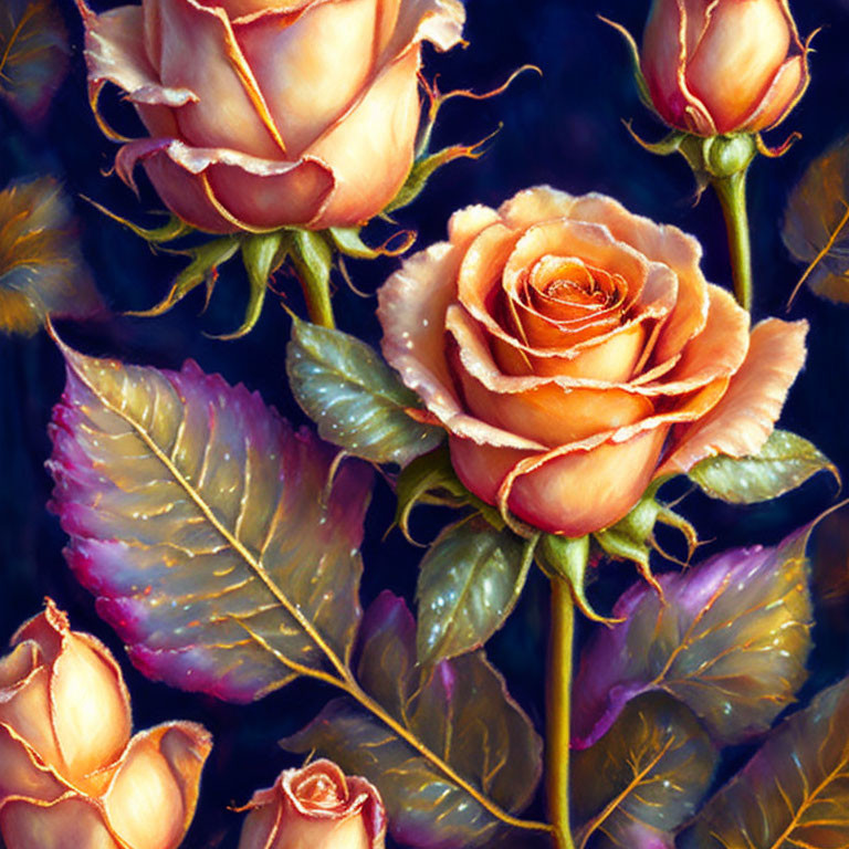 Vibrant painting of peach roses on dark background