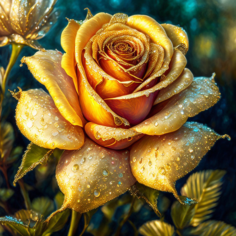 Golden rose with dewdrops in soft light on blurred green background