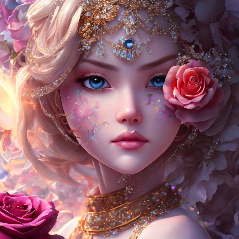 Digitally created female character with blue eyes, golden jewelry, and pink floral surroundings