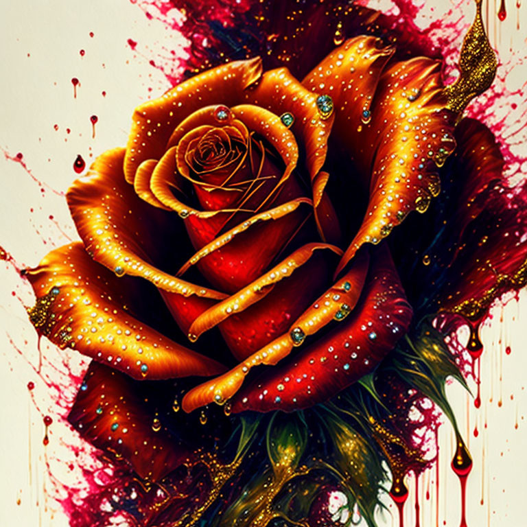 Vibrant digital artwork: Red-gold rose with dew drops