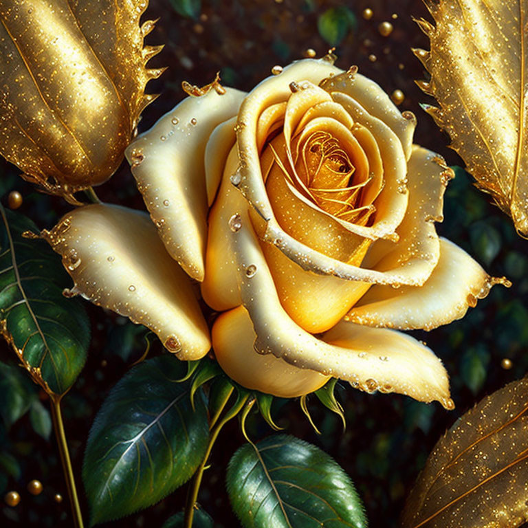 Golden Rose with Dewdrops and Leaves on Dark Background