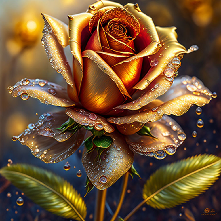 Golden Rose with Dewdrops on Petals in Romantic Setting