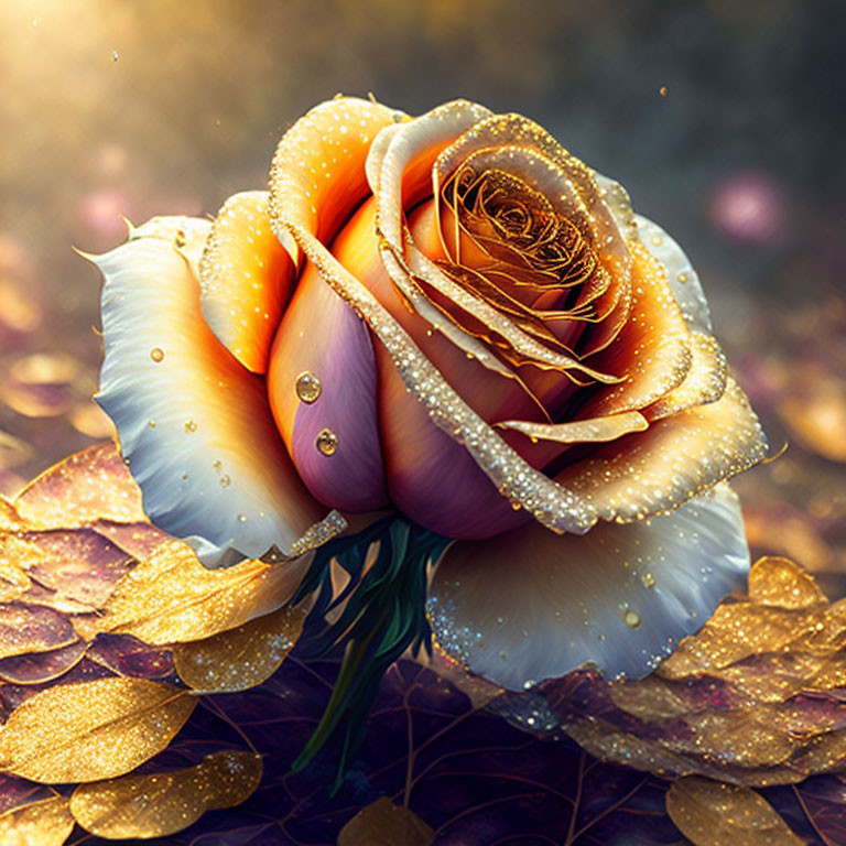 Digitally-enhanced rose with orange and purple hues and dewdrops on golden leaves.