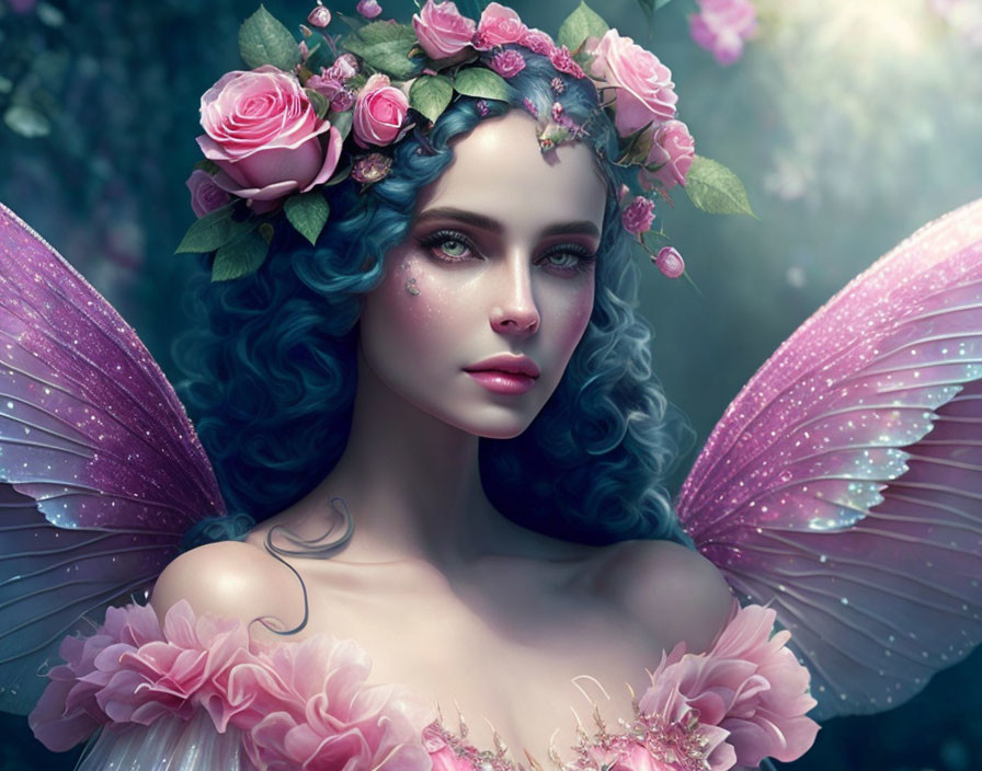 Fantasy illustration of female fairy with blue hair and sparkling wings