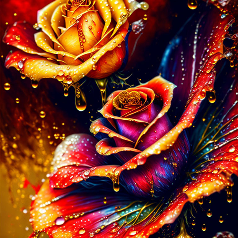 Colorful digitally rendered roses with dewdrops on dark background