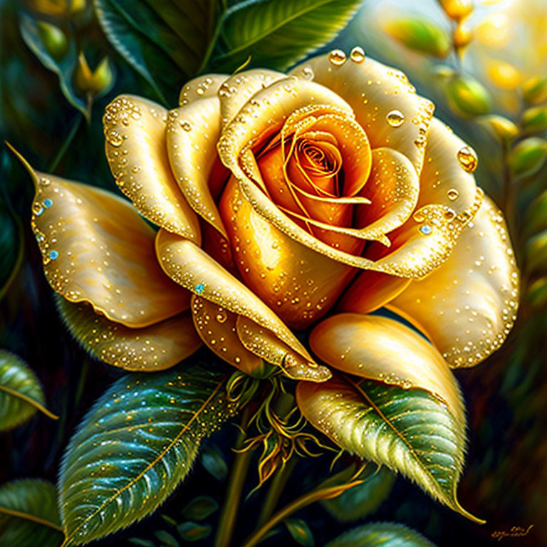 Yellow Rose with Water Droplets and Glittering Highlights