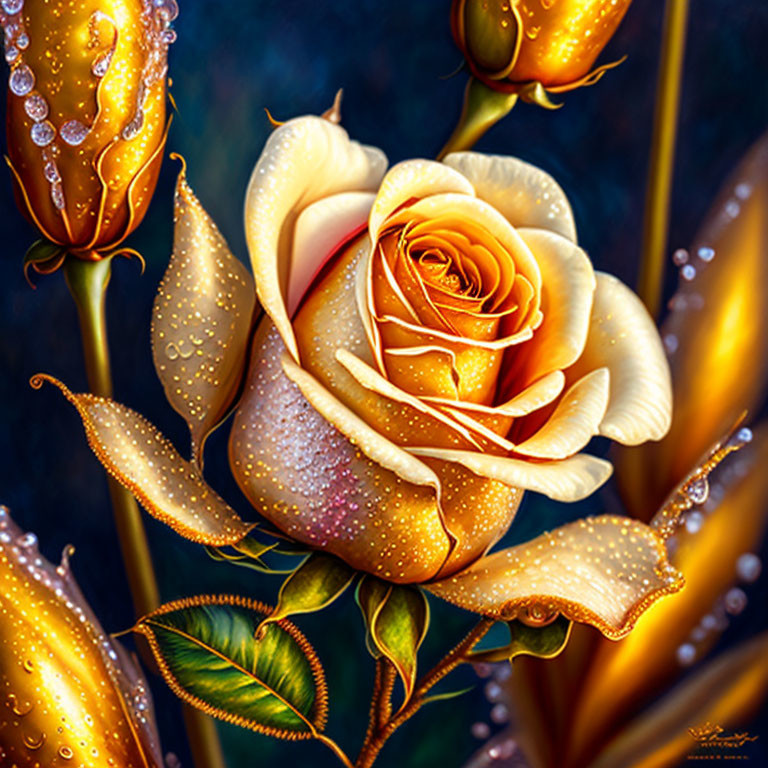 Detailed Golden-Yellow Rose Illustration with Droplets and Rosebuds