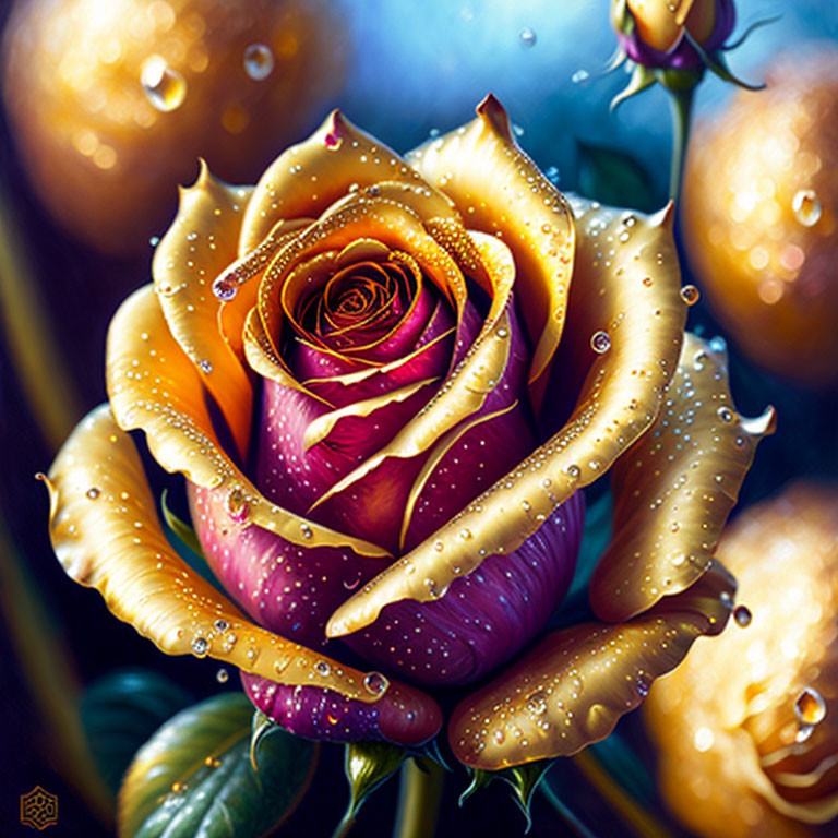 Digitally-rendered rose with yellow-to-purple gradient petals and dewdrops on blurred golden orbs.