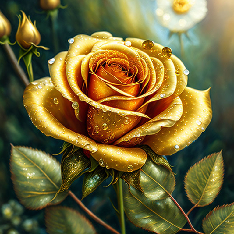 Vibrant yellow rose with dewdrops, green leaves, buds, soft-focused background