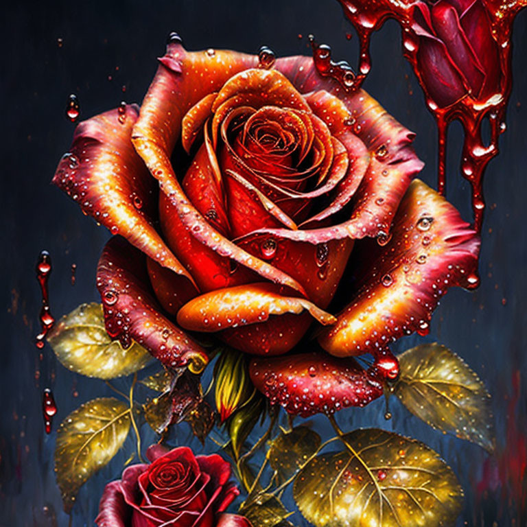 Vibrant red rose with dewdrops on dark background and gold accents