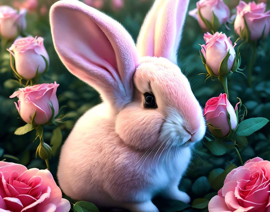 Fluffy white rabbit among pink roses in dreamy setting