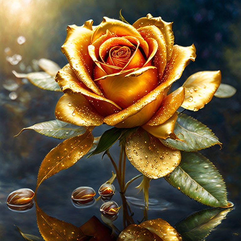 Golden Rose with Dewdrops on Blurred Nature Background