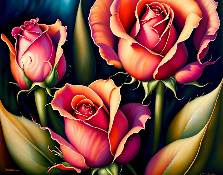 Colorful painting of three roses with yellow to red gradient petals on dark green leaves against a moody