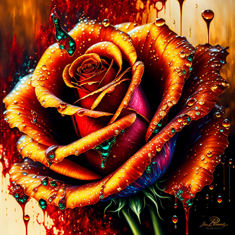 Hyper-realistic painting of a dewy rose in warm reds and oranges