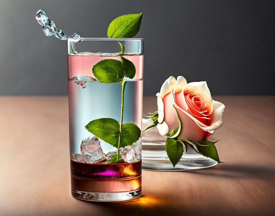 Clear liquid, ice, rose, and splash on reflective surface.