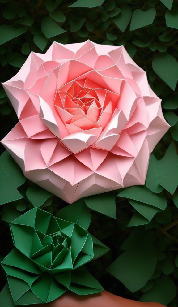 Pink and Green Origami Flowers with Leafy Foliage