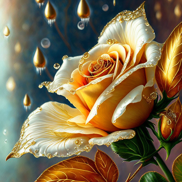 Yellow Rose with White Edges and Gold Details in Sparkling Water Droplets