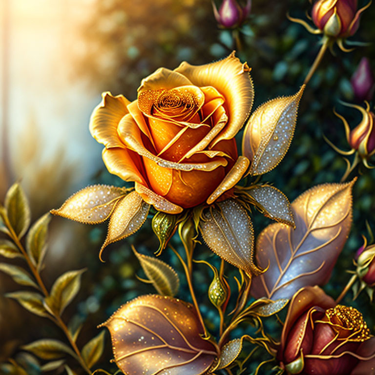 Golden Rose Digital Illustration with Dew-Kissed Petals and Budding Flowers