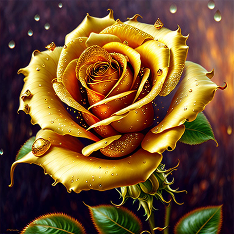 Golden-yellow rose with water droplets on petals against warm bokeh background