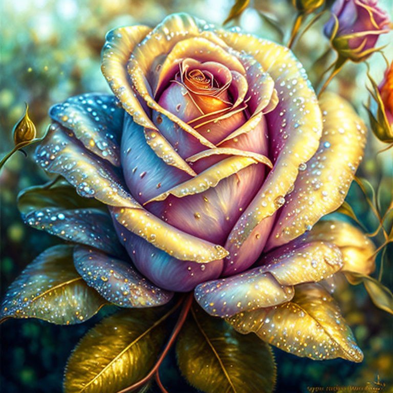 Colorful digital artwork: Purple rose with golden highlights and dewdrops on petals, against soft-focus green