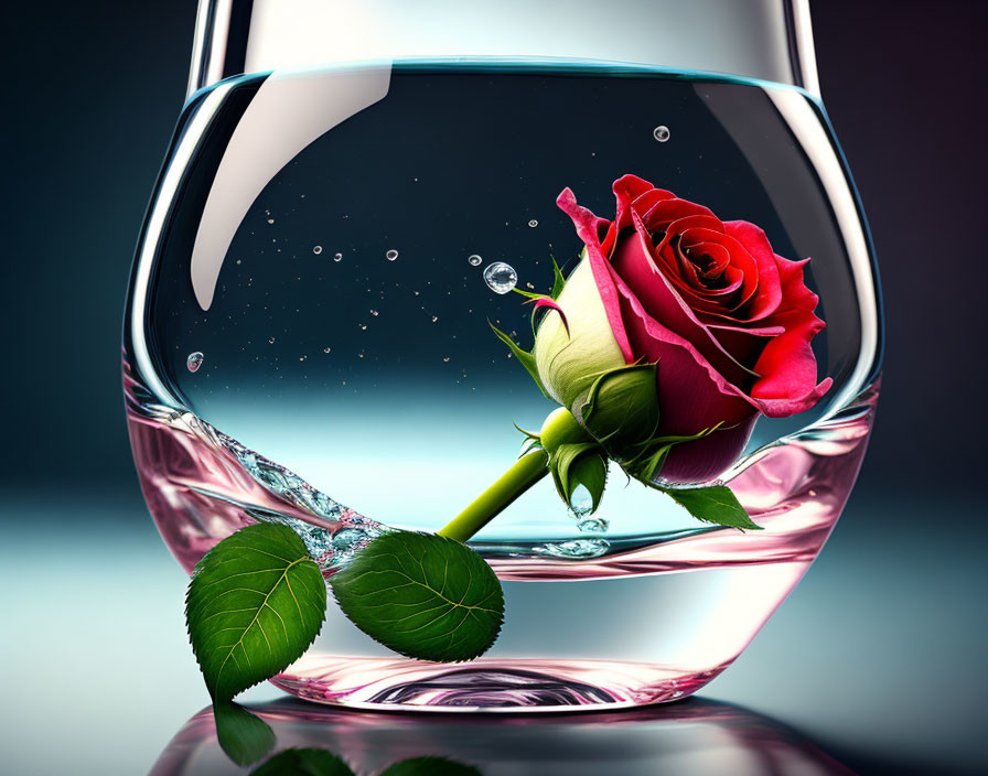 Red rose with green stem in water glass on dual-tone background