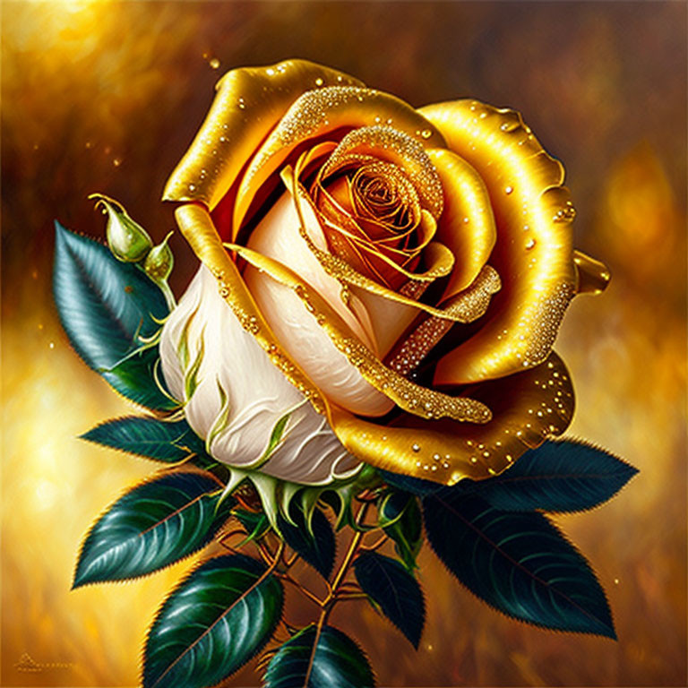 Rose Digital Artwork: White to Golden Yellow Gradient with Glitter on Bokeh Background