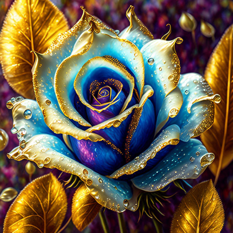 Digitally Enhanced Rose Image with Blue and Purple Petals, Golden Highlights, Leaves, and Water Dro