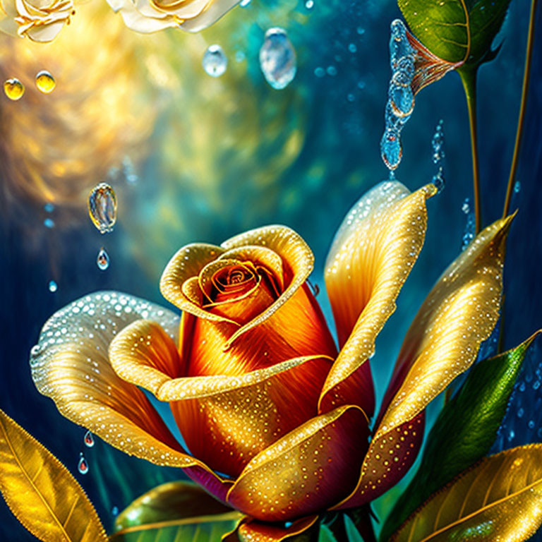 Golden rose digital artwork with dewdrops, leaves, and bubbles under glistening light