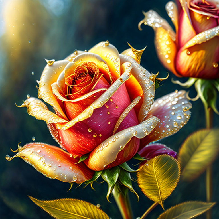 Vibrant yellow and red rose with dewdrops in warm sunlight