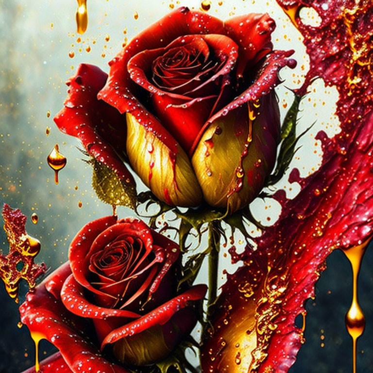 Red roses with gold and crimson paint splashes and droplets