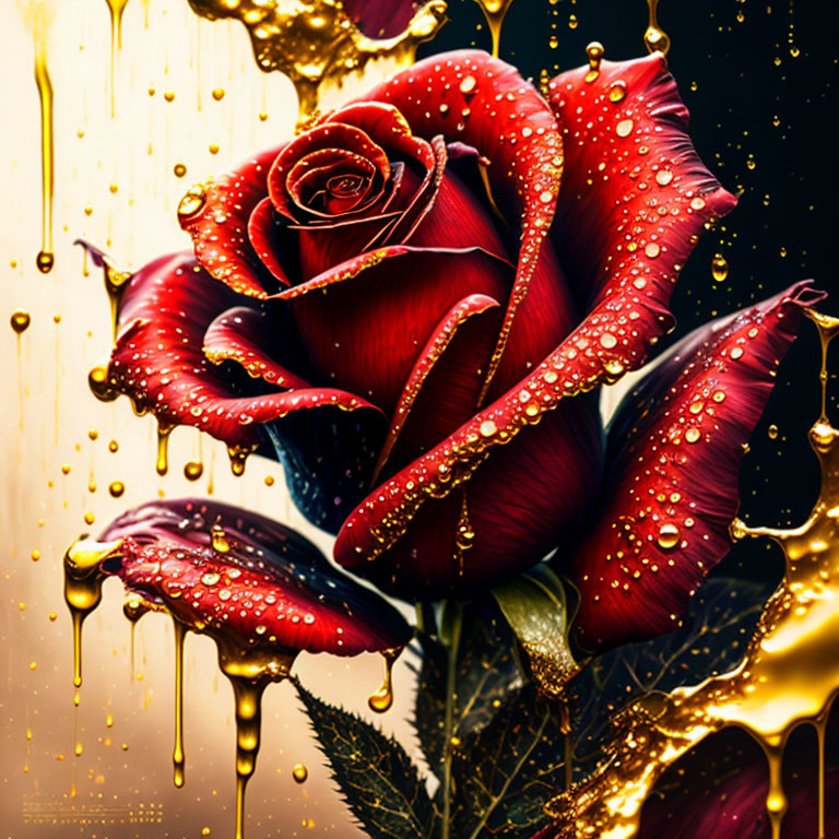 Vibrant red rose with dew drops on petals against dark background